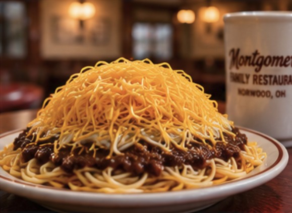 A plate of Cincinnati-style chili spaghetti buried under a tall mound of shredded cheddar, next to a Montgomery Family Restaurant coffee mug.