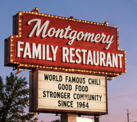 A red vintage Montgomery Family Restaurant sign with marquee lights and a letter board reading World Famous Chili, Good Food, Stronger Community, Since 1964.