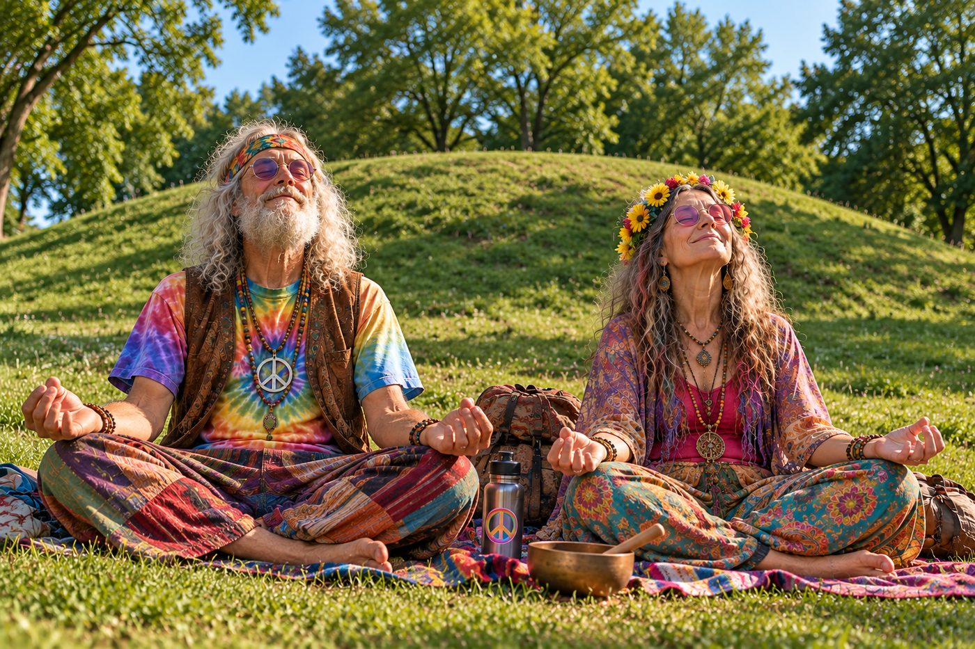 Two older hippies in tie-dye and patchwork clothing sit cross-legged and smiling with eyes closed on a blanket in front of a grassy mound, with a singing bowl and a peace-sign water bottle beside them.
