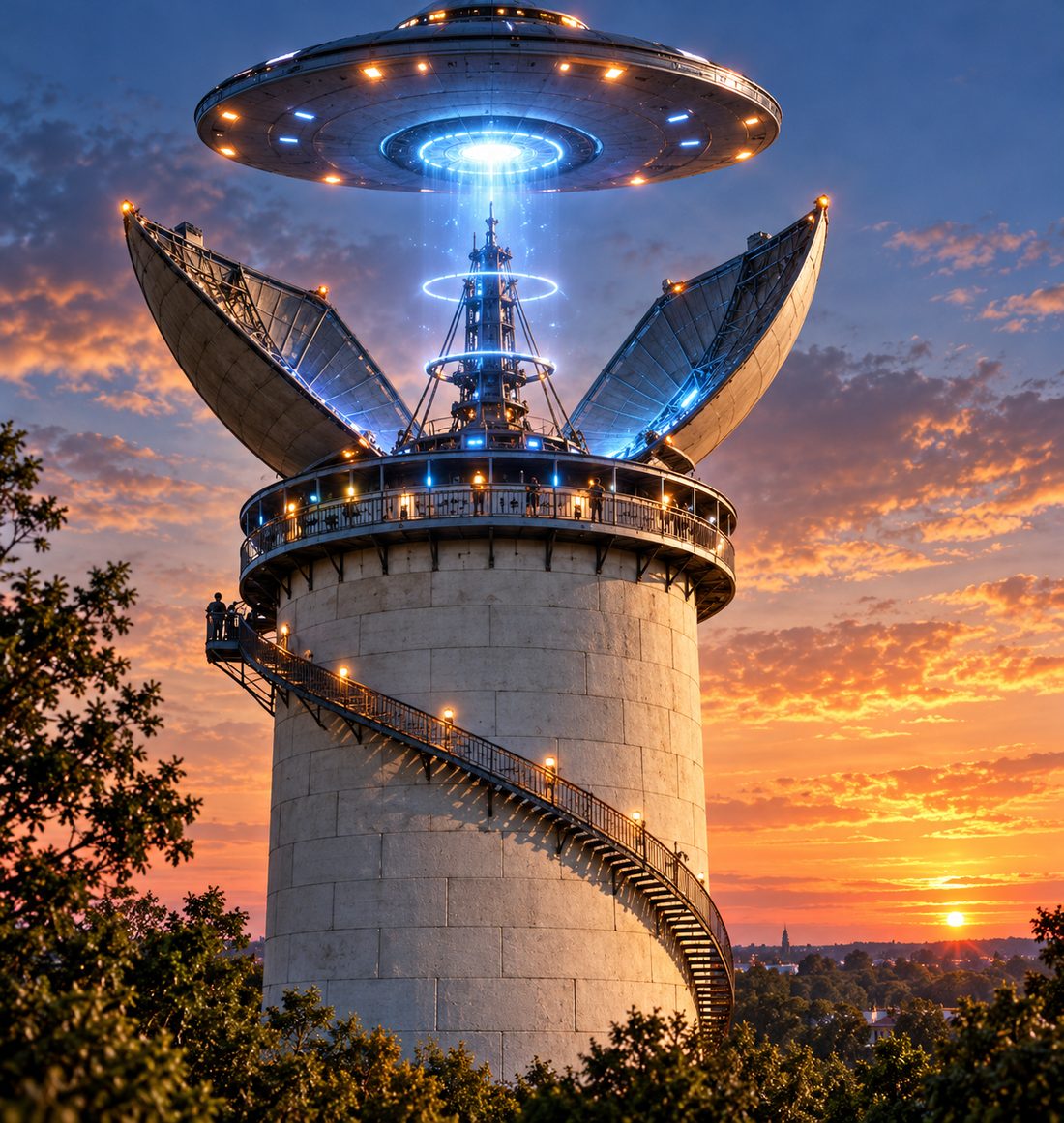 A stone water tower at sunset with two satellite-dish wings, a glowing blue antenna spire and a flying saucer hovering above it, with a spiral staircase and observation deck around the tower.